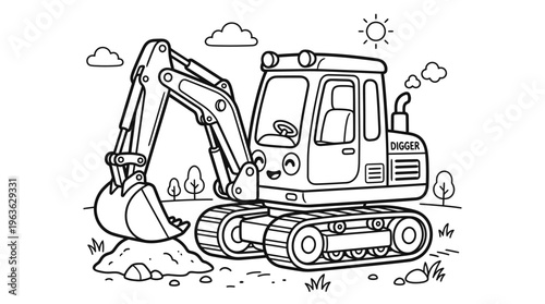 Excavator digging earth with tracks.