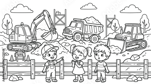 Children watching construction vehicles at site.