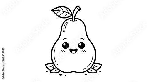 Smiling Pear Fruit With Leaves.