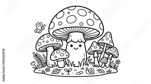 Smiling mushroom creature in forest.