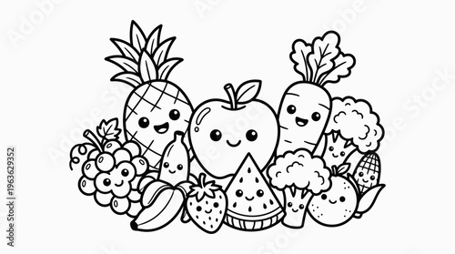 Colorful cartoon fruits smiling faces.