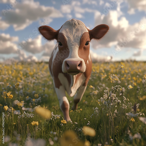 Beautiful Holstein cow portrait standing in countryside grass field high resolution picture