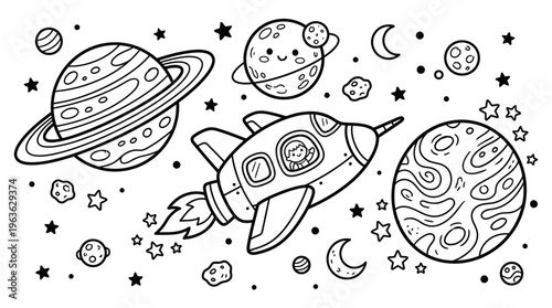 Rocket ship flying through outer space.