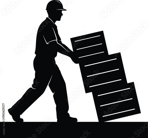 Vector silhouette of a factory worker carrying industrial panels