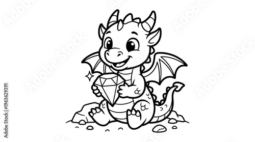 Cute cartoon dragon holding gemstone tight.
