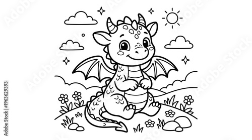 Smiling Cartoon Dragon Sitting Outdoors Freely.