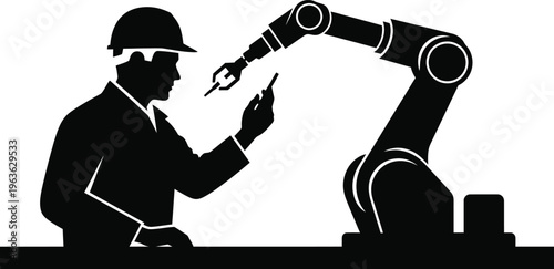 Vector factory worker silhouette operating industrial robot arm machinery