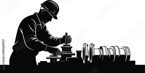 Vector silhouette of a factory worker in a hard hat working on machinery
