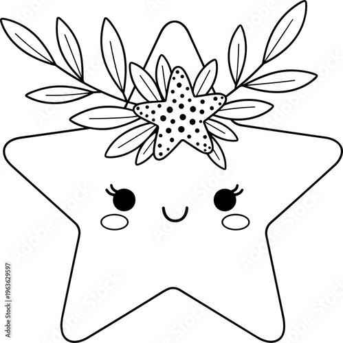 Cute Cartoon Star with Floral Crown and Leaves Hand-Drawn Character DesignCute Cartoon Star with Floral Crown and Leaves Hand-Drawn Character Design