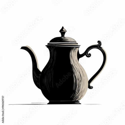 Black Coffee Pot with Ornate Handle.