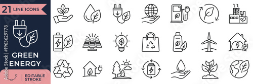Renewable Solar Power, Wind Energy and Waste Recycling Icon Set
