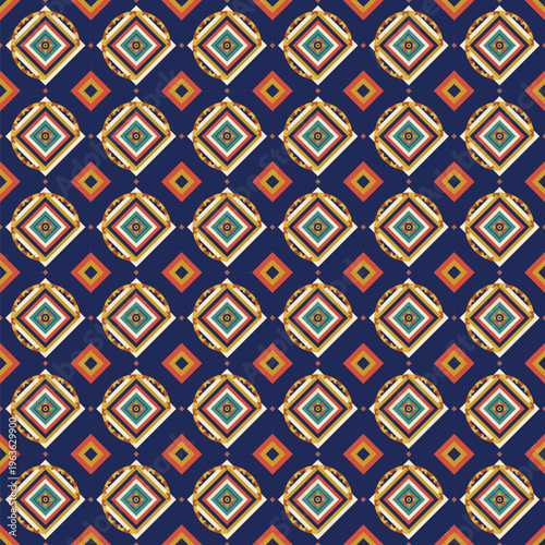 Seamless geometric pattern, a vibrant tribal ethnic design with concentric squares and circles in dark blue, orange, yellow, teal, and cream tones, ideal for bohemian backgrounds, stylish