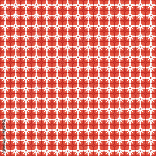 Seamless geometric pattern, intricate white lines and small circles forming a decorative grid on a vibrant coral red background. Ideal for modern digital wallpaper, elegant fabric, festive