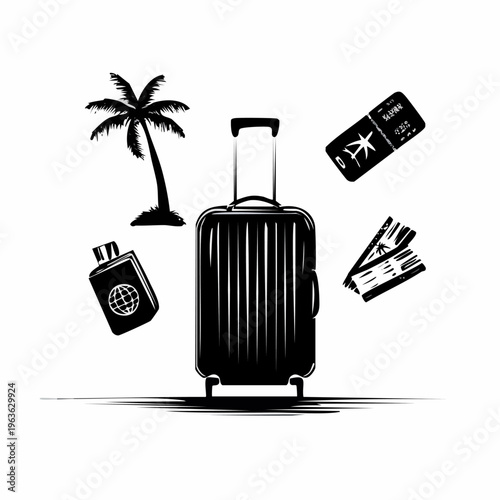 Suitcase with Travel Accessories and Palm Tree.