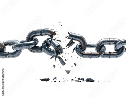 Fragmented metal chain breaking apart in a burst of shards