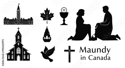 Canadian religious symbols including parliament buildings a church and kneeling figures