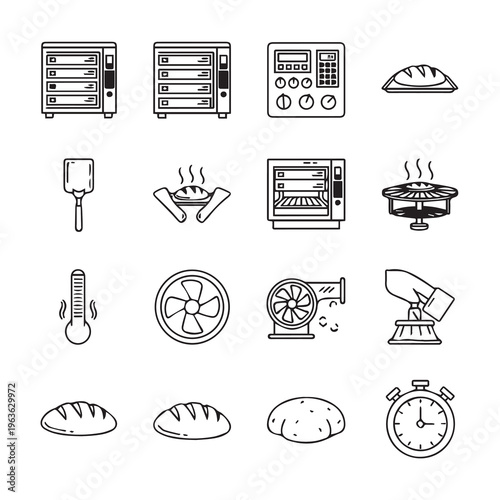 Baking Equipment Icons: Ovens Thermometer Dough Timer & Utensils for Bakery Business