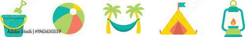Flat summer icon set with sand bucket beach ball hammock camping tent lantern minimal vector ui design