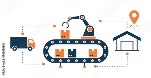 Vector illustration of automated supply chain. Robotic arm on conveyor belt moves packages from truck to warehouse. Concept for logistics, delivery, and smart factory technology.