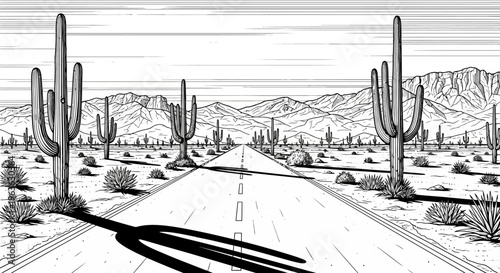 Monochrome Desert Landscape with Straight Road, Saguaro Cacti, and Distant Mountains - Quirky Fork Shadow Concept
