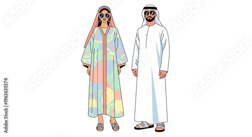 Traditional Emirati couple standing together in colorful attire outdoors in desert