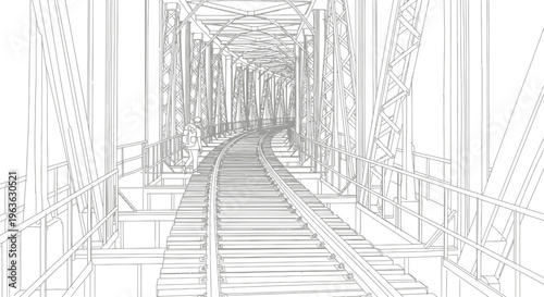 Detailed line art of a railway truss bridge with tracks receding into the distance, architectural blueprint style on white