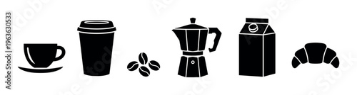A set of black coffee and breakfast icons. Includes cup, moka pot, beans, milk, and croissant. Minimalist vector silhouettes for cafe menus, branding, or graphic design.