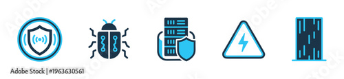 Set of modern blue vector icons for cyber security and technology. Includes shield, bug, secure server, and warning signs. Perfect for web design, apps, and data protection concepts.