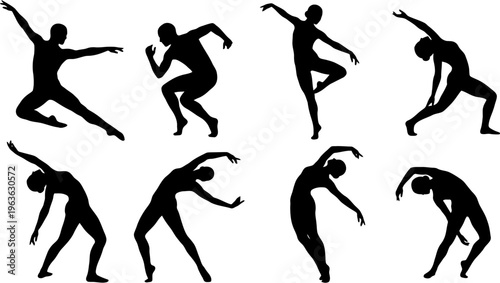 Silhouettes of dancers in various dynamic poses, showcasing movement and grace.