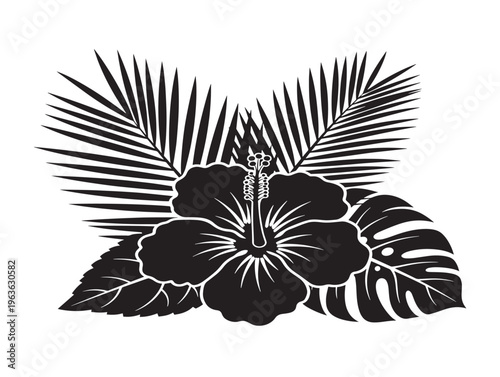 Tropical hibiscus and palm leaves silhouette with lush island botanical charm
