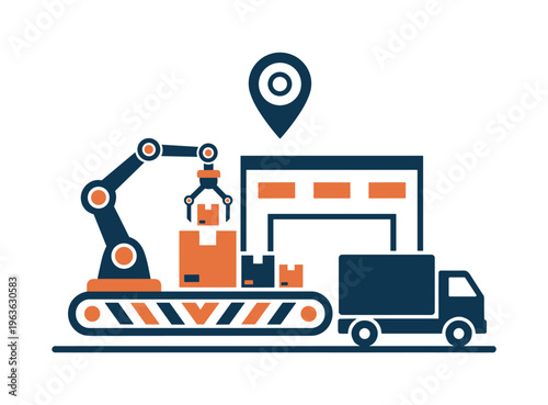 Automated logistics concept with robotic arm, conveyor, and truck at a warehouse. Vector icon for supply chain management, shipping, distribution, and smart factory.