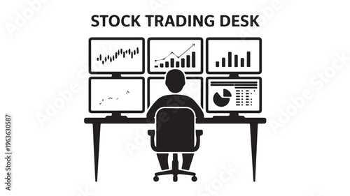 Stock Trading Desk Silhouette with Multi Monitor Financial Analytics Workspace