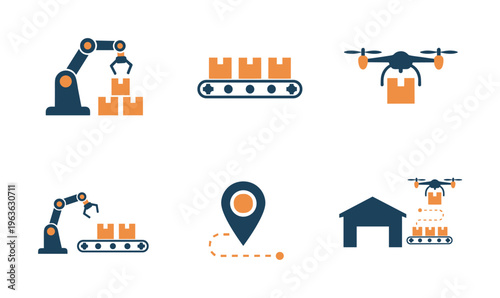 Set of flat vector icons for automated warehouse and logistics. Includes robotic arm, conveyor, drone delivery, and tracking symbols for smart factory and supply chain concepts.