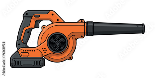 Vector illustration of a cordless leaf blower. This orange power tool is for gardening, yard work, and autumn cleanup. Perfect for landscaping and hardware design concepts.