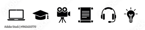 Set of black solid icons for online education and e-learning concepts. Includes laptop, graduation cap, camera, diploma, headset, and idea lightbulb for web and app design.