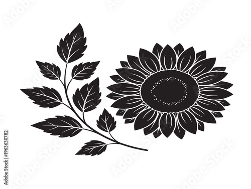 Cheerful sunflower and leaf spray silhouette with bright and sunny charm