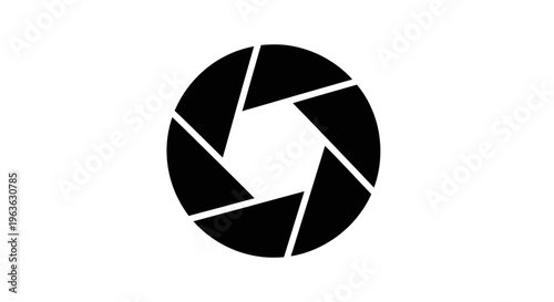 Minimalist black camera aperture icon on white background, symbolizing photography, focus, optics, and imaging.