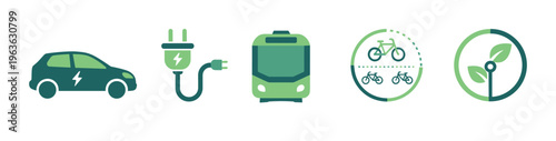 Set of green transport icons. Electric car, charger, bus, bicycle sharing, and renewable energy symbols. Minimalist vector illustration for eco-friendly mobility concepts.