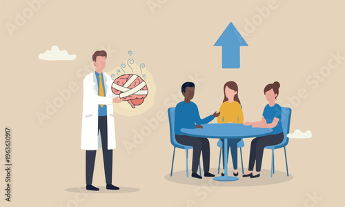 meeting psychotherapy, emotional intelligence, heal stress disease, mental wellbeing concept, doctor analyze cured mental illness brain with bandage