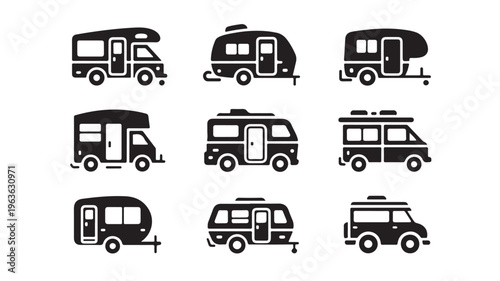 RV Camper Van Icons Set for Road Trip, Camping, Travel Trailer and Adventure Concepts