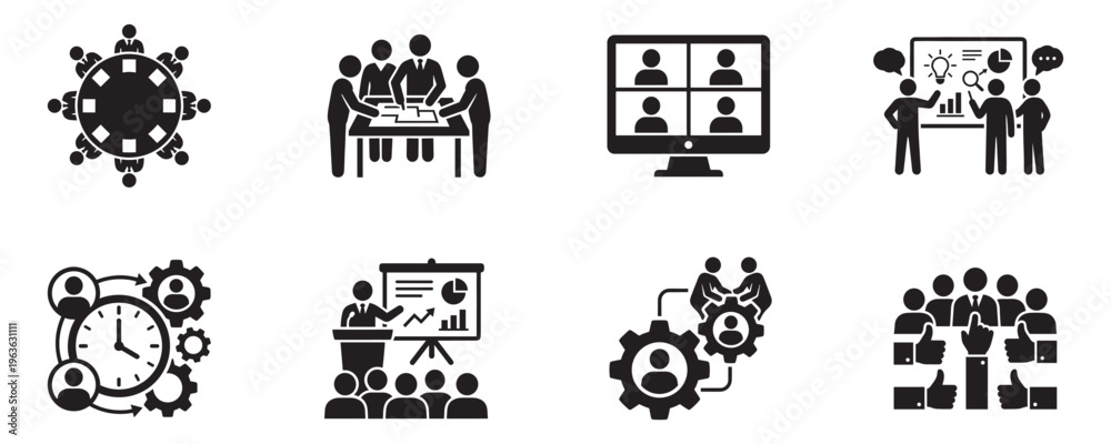 Obraz premium Business teamwork and corporate meeting icons set, office collaboration and presentation concepts. Vector Illustration.