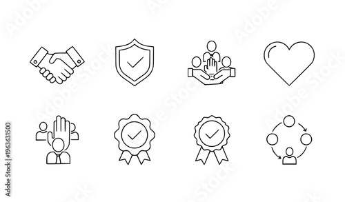 Trust and reliability icon set with handshake shield heart and teamwork symbols flat vector collection