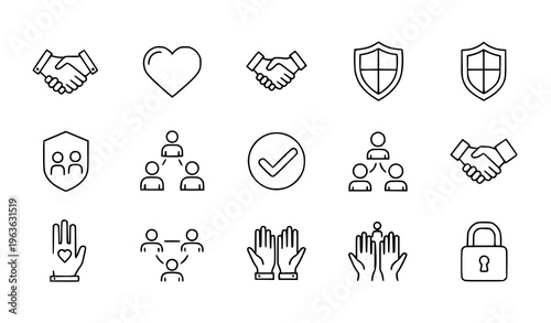 Line style trust icons set with honesty integrity and teamwork symbols minimal outline vector