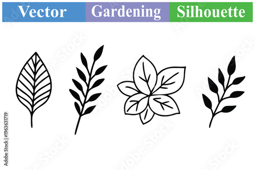 Comprehensive set of gardening and botany line art illustrations featuring potted plants, garden tools, hand holding soil, and various leaf types