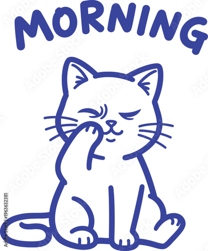 A grumpy cat with a paw on its face wishes you a morning