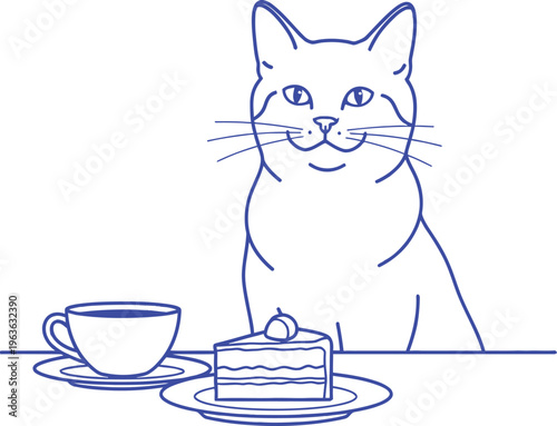 A smiling cat sitting with a cup of coffee and a slice of cake