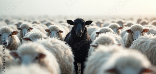 One black sheep stands out from flock of white sheep in meadow. Animal is different from herd. Symbolizes individuality and nonconformity in nature.
