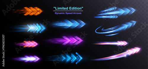 Neon speed arrows collection with glowing motion trails and dynamic futuristic light effects
