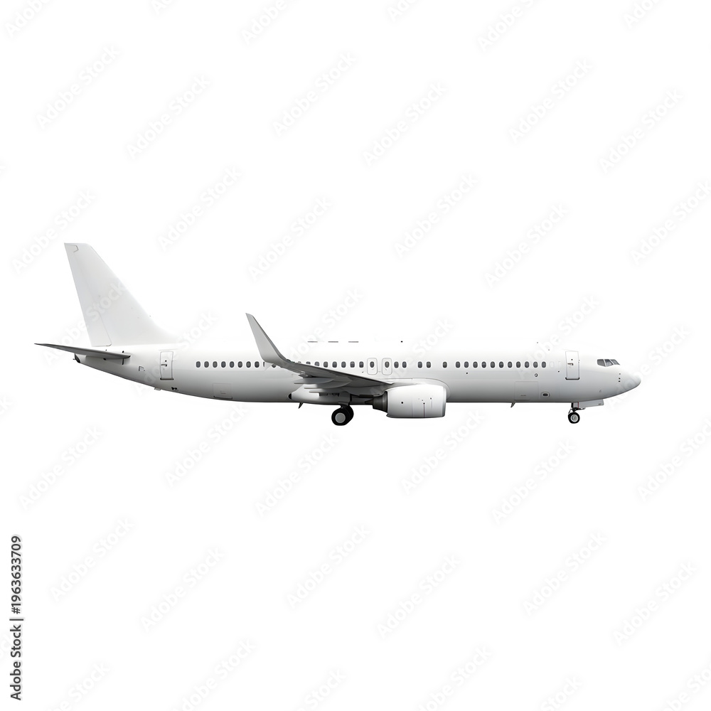 Obraz premium White airplane flying isolated on transparent background with landing gear down