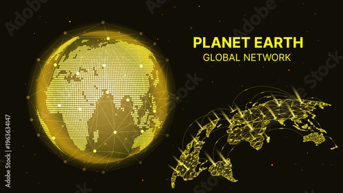 Golden Digital Earth Global Network, Connected World Map with Data Lines and Nodes, Technology Communication Vector Background